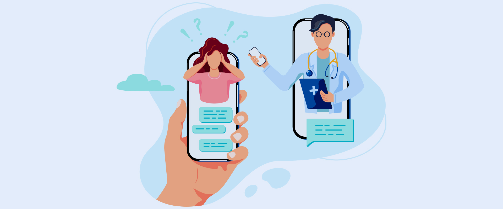 Ilustración de una paciente y un doctor realizando una consulta online a través de dos celulares
